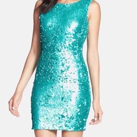 DRESS THE POPULATION Aqua Blue Sequin Sleeveless Kim Mini Party Dress XS - Picture 3 of 11
